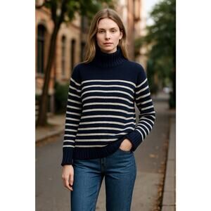 J.Crew Turtleneck Sweater Women Large Navy Stripe Cotton Chunky Knit Coastal